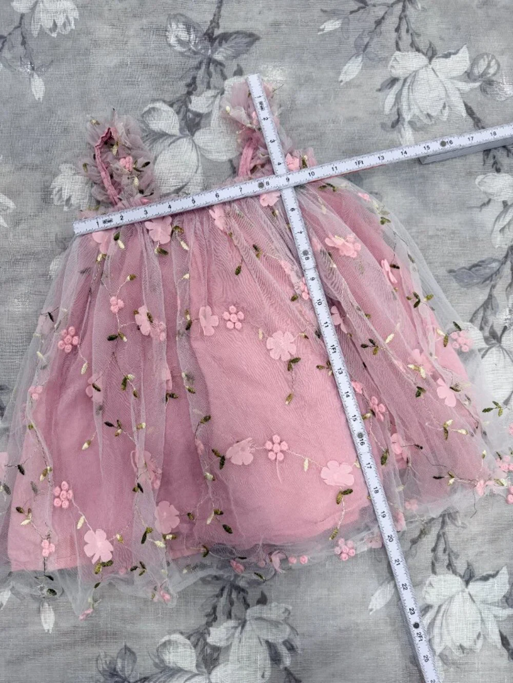 Pink Floral Embroidered Tulle Dress Girls Toddler Fairy Princess Cottagecore